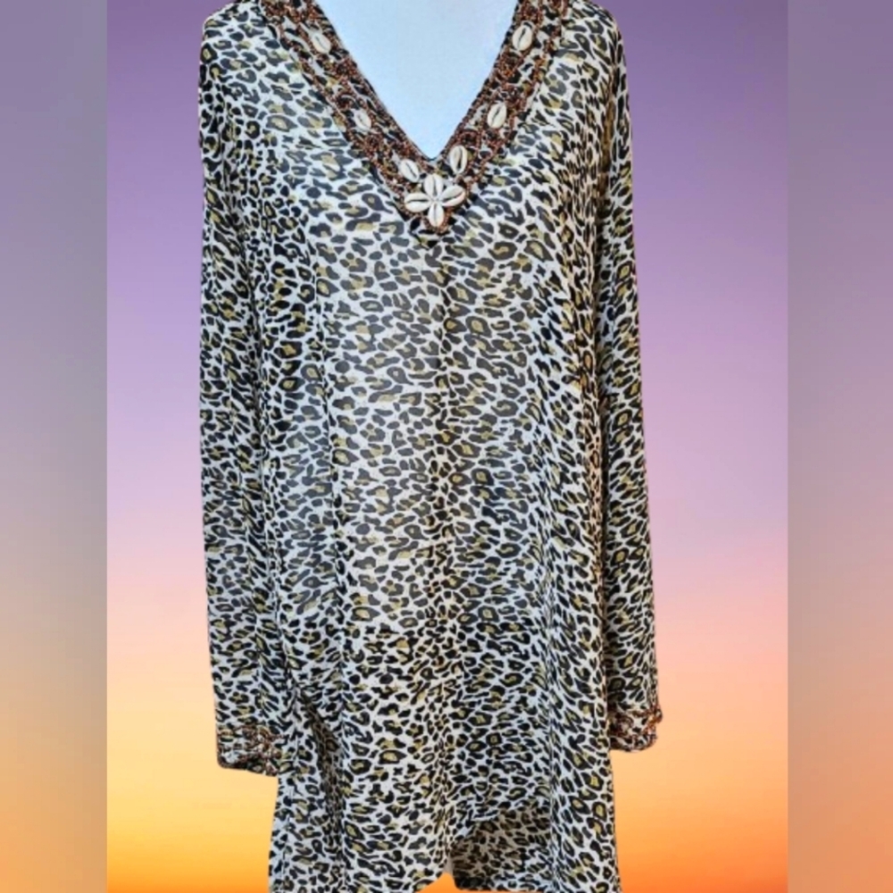 📣Mix Nouveau Ladies Tunic /  Swim Coverup Size XL Shell 🐚 & Bead Sleeve/Neck